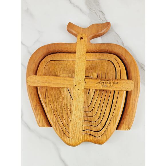 Wood Folding Fruit Basket Apple Shaped 11" John's Wood Shop Handcrafted USA - Picture 14 of 16